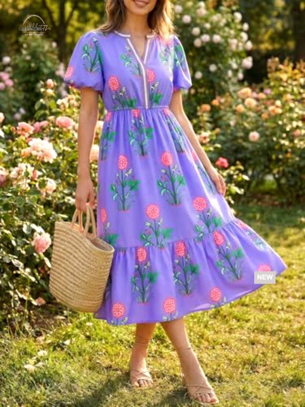 Summer Floral Maxi Dress A-Line Puff Sleeve V-Neck Boho Beach Vacation - Picture 4 of 7